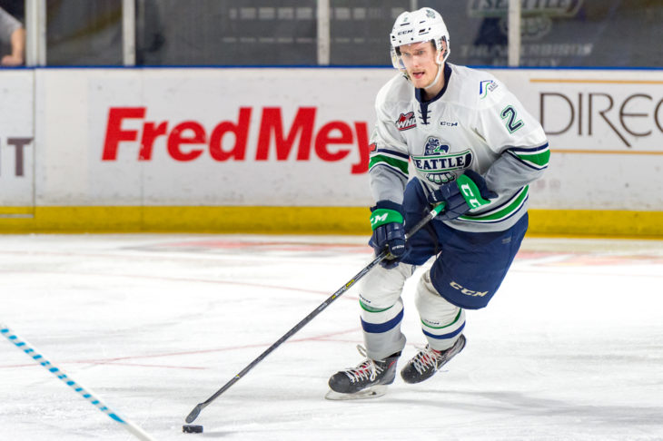 Austin Strand bringing the puck up ice at accesso ShoWare Center.