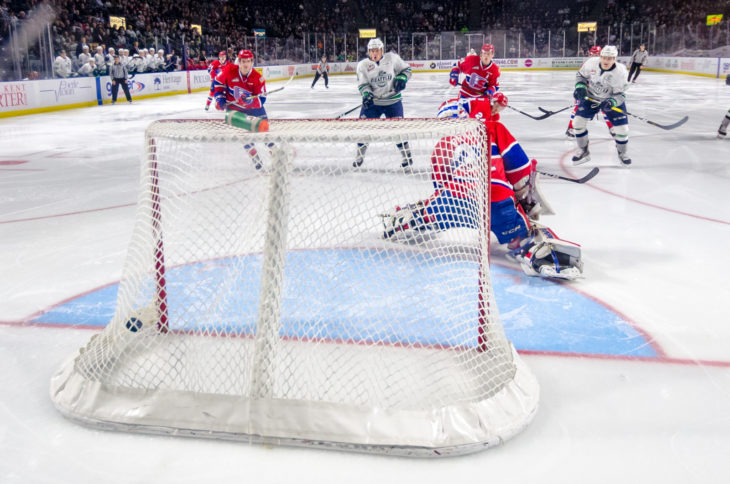 Nolan Volcan beats Spokane goalie Bailey Brkin with a wrist shot in the second period.