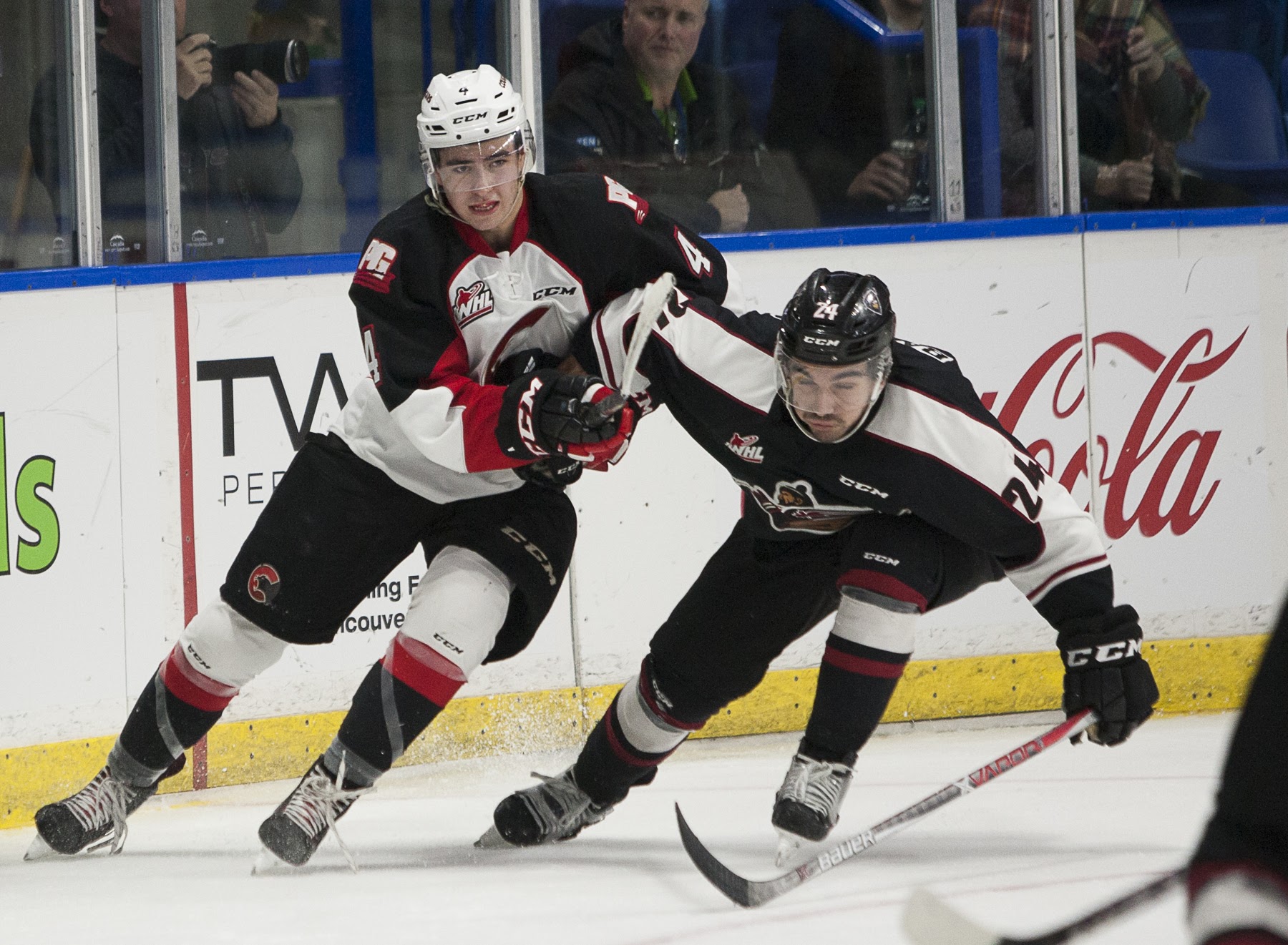 Vancouver Giants d-man Matt Barberis fights for positioning along the boards.
