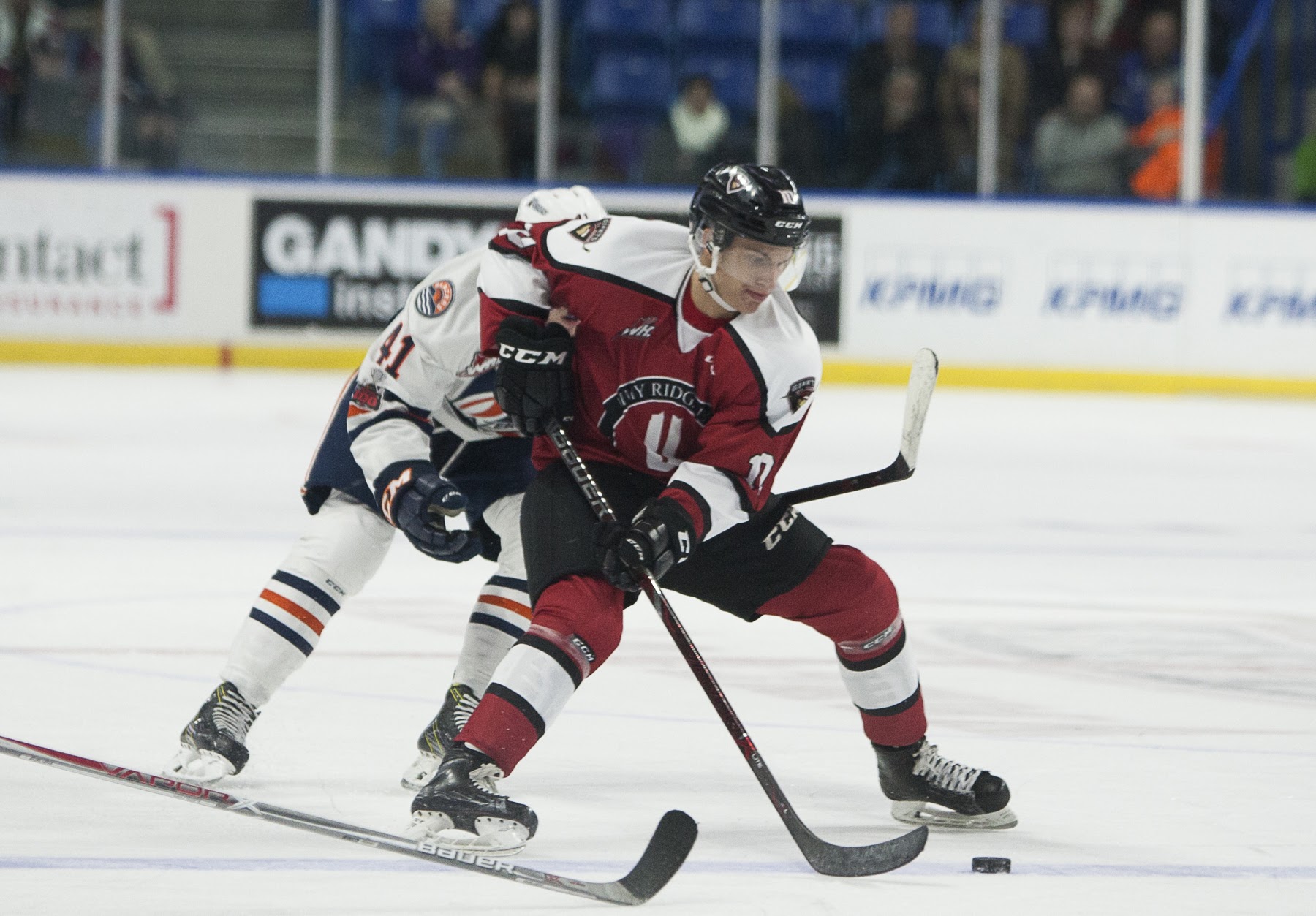 Brad Morrison cuts towards the goal in a game for the Vancouver Giants against the Kamloops Blazers.