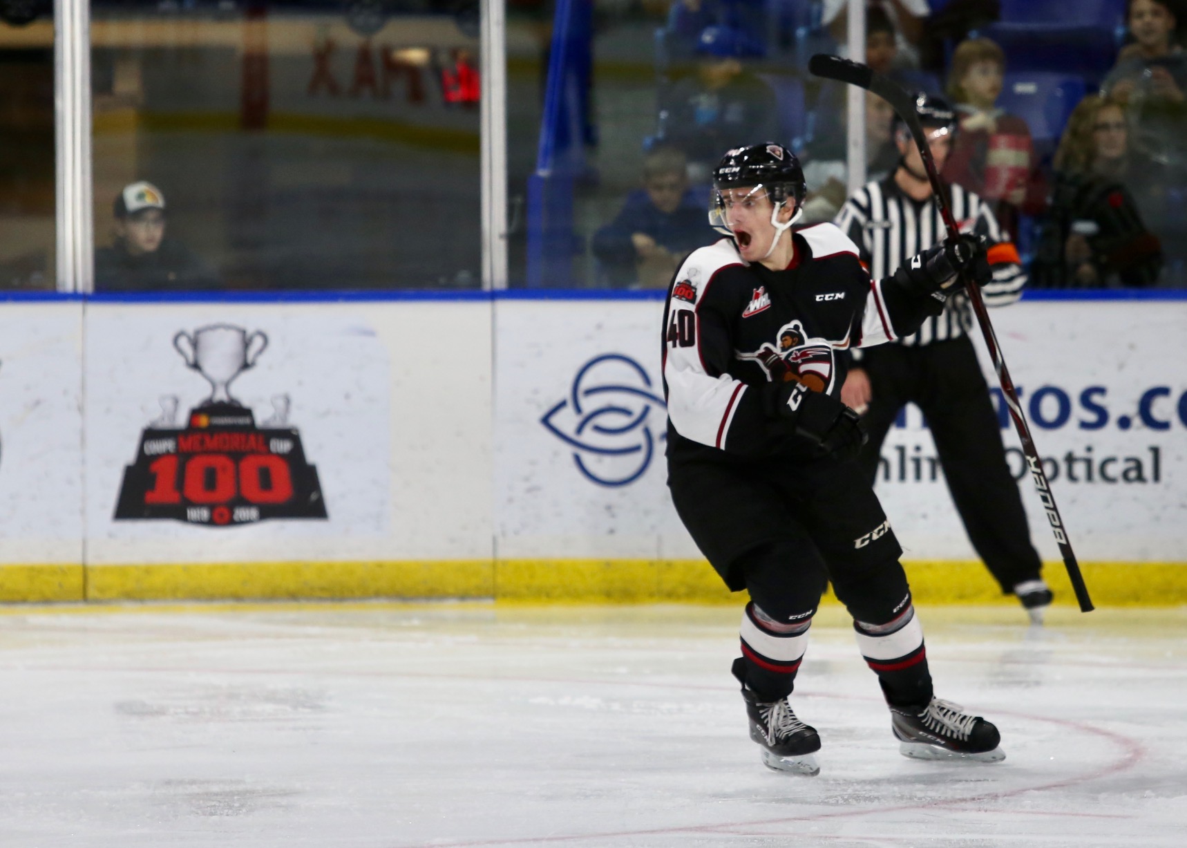 Milos Roman celebrates a goal as the Giants earned an 8-7 victory at home Sunday over Edmonton