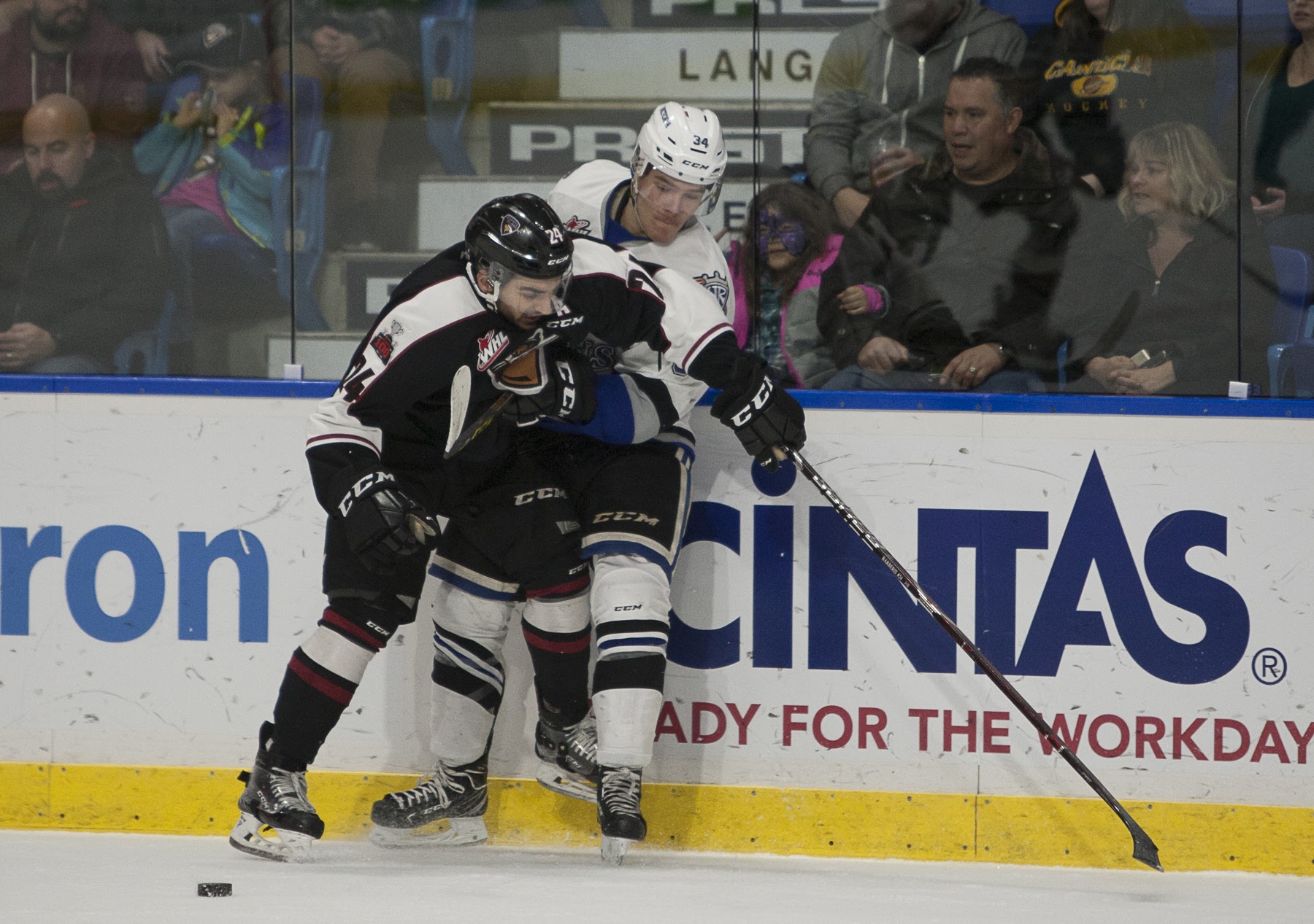 Matt Barberis Vancouver Giants throws a check along the wall against the Victoria Royals
