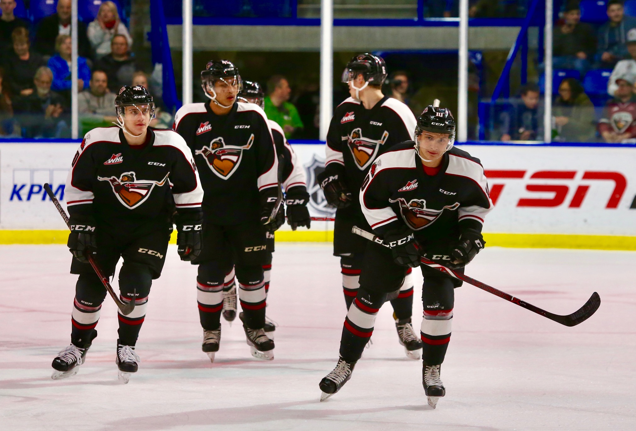 The Giants celebrate one of their six goals Saturday in a 6-1 win over the Kelowna Rockets.