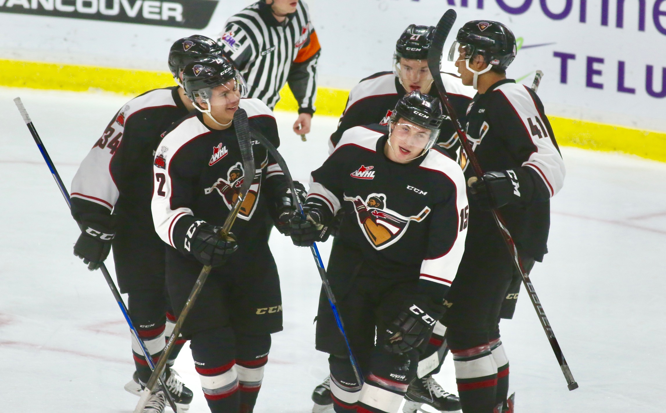 The Vancouver Giants celebrate a first period goal on Tuesday night in a 5-3 victory over the Portland Winterhawks.