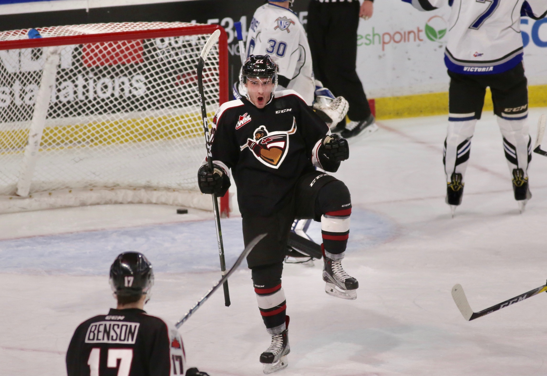 Jared Dmytriw of the Vancouver Giants celebrates a goal against his former team at the LEC.