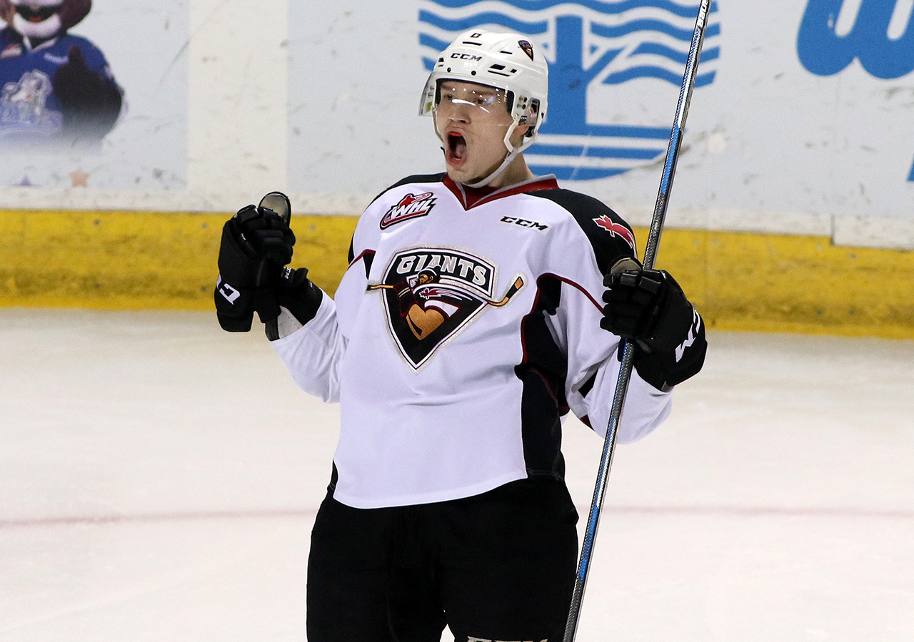 Dylan Plouffe celebrates a goal for the Vancouver Giants in their 6-2 win Saturday in Victoria.