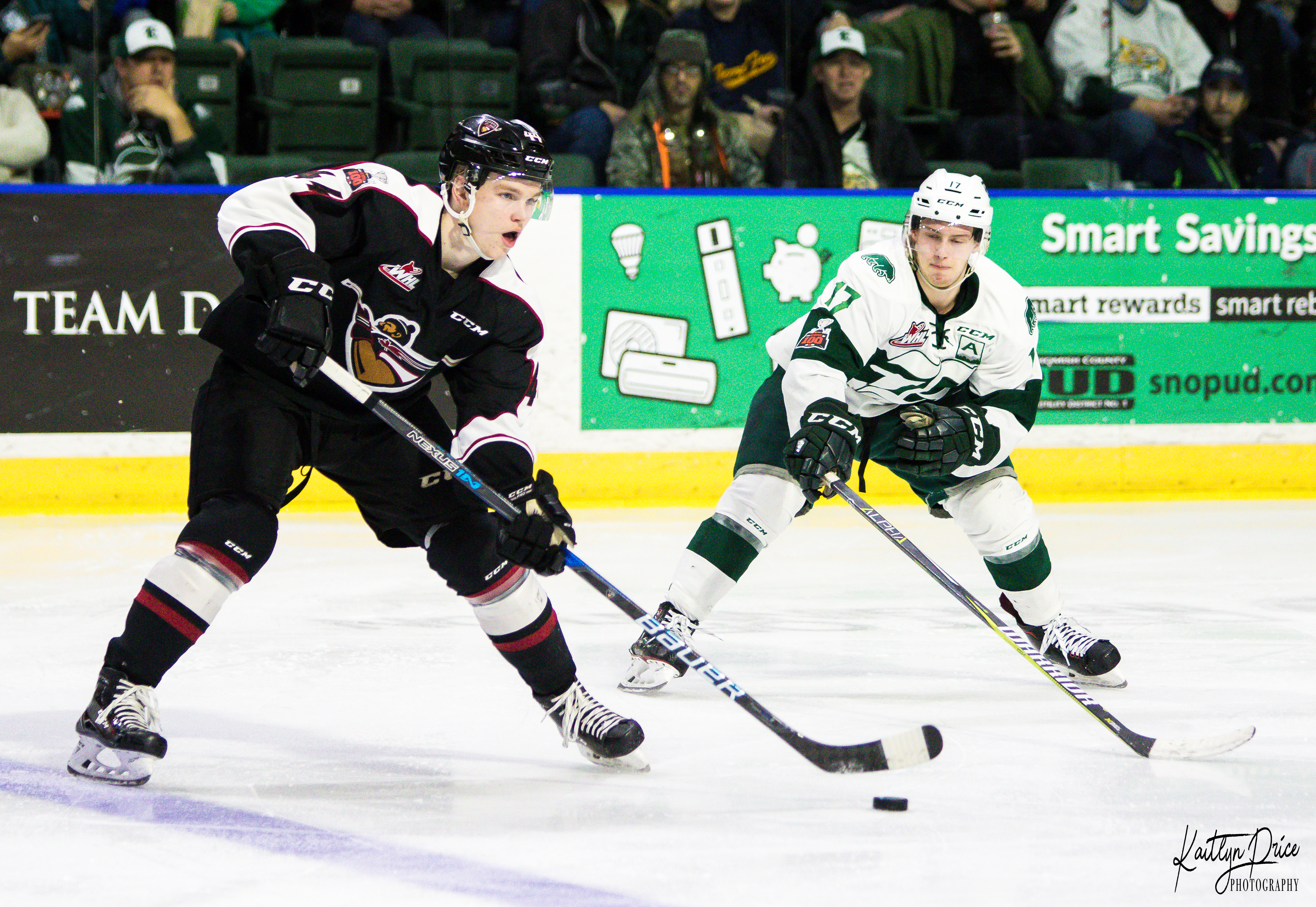 Bowen Byram of the Vancouver Giants makes a play at the line.