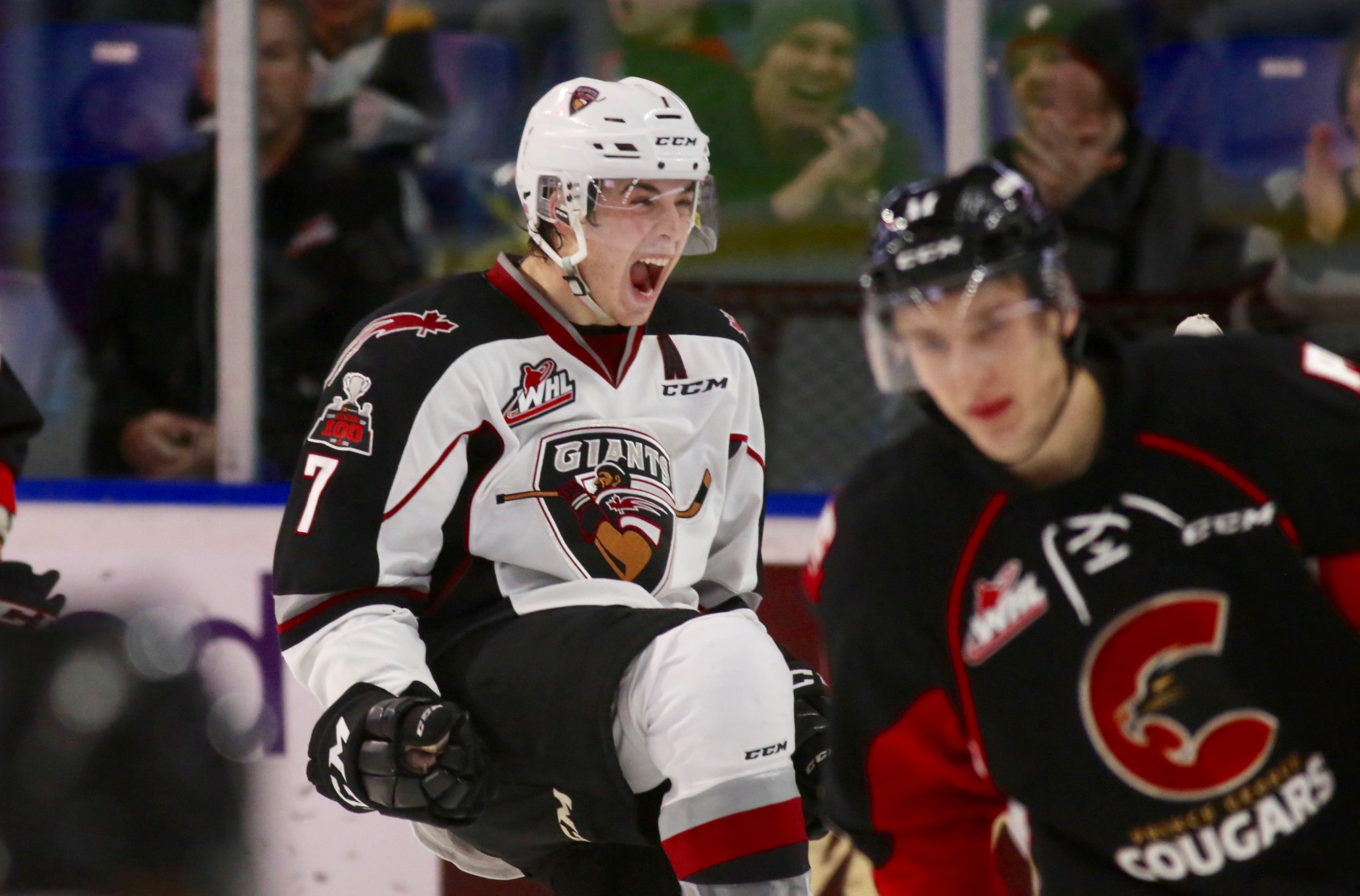 Giants forward Ty Ronning celebrates his hat-trick goal Saturday night at home.