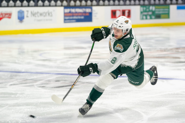 Ronan Seeley tied for the Tips lead for points among defensemen this season, his first after being drafted by the Carolina Hurricanes.