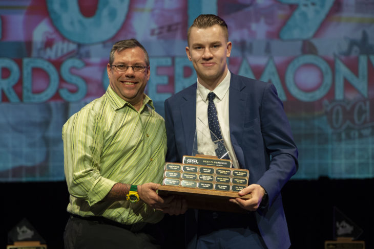 KELOWNA, BC - MARCH 17: Michael "Fish" Topolniski of GSL Group presents Kyle Topping #24 of the Kelowna Rockets with the Plus/Minus award at the annual Kelowna Rockets awards ceremony at Kelowna Community Theatre on March 17, 2019 in Kelowna, Canada. (Photo by Marissa Baecker/Shoot the Breeze)