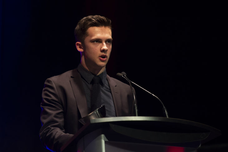 KELOWNA, BC - MARCH 17: Leif Mattson #28 of the Kelowna Rockets gives his acceptance speech after being awarded the Humanitarian of the Year at the annual Kelowna Rockets awards ceremony at Kelowna Community Theatre on March 17, 2019 in Kelowna, Canada. (Photo by Marissa Baecker/Shoot the Breeze)