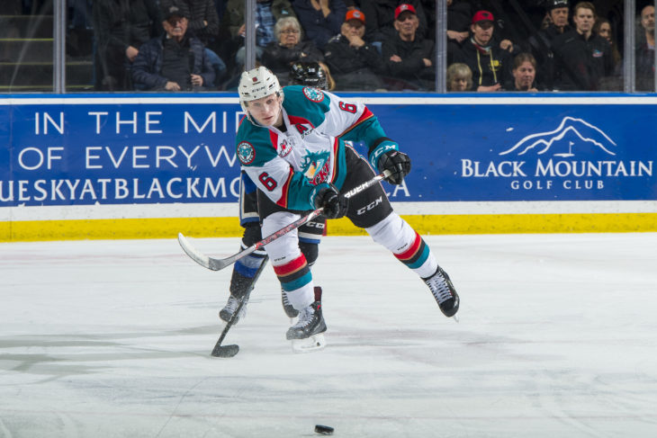 KELOWNA, CANADA - JANUARY 25: Kaedan Korczak #6 of the Kelowna Rockets passes the puck against the Victoria Royals on January 25, 2019 at Prospera Place in Kelowna, British Columbia, Canada. (Photo by Marissa Baecker/Shoot the Breeze)