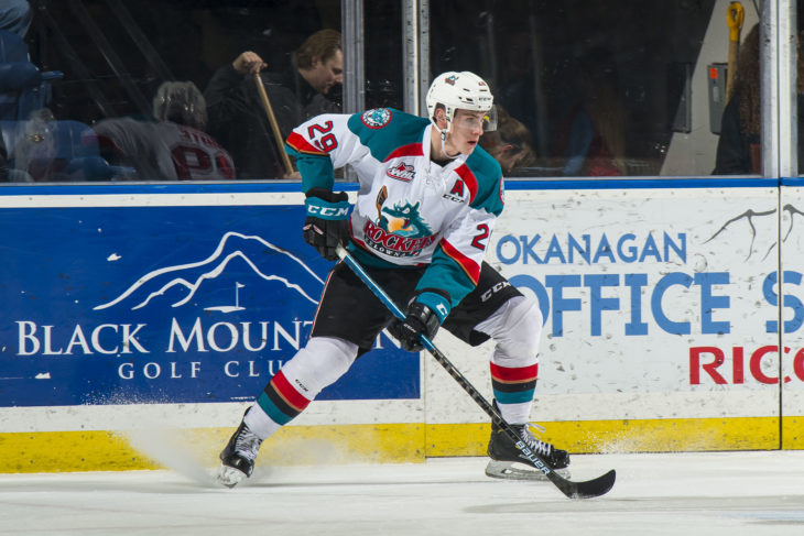 KELOWNA, CANADA - FEBRUARY 23: Nolan Foote #29 of the Kelowna Rockets skates with the puck against the Kamloops Blazers on February 23, 2019 at Prospera Place in Kelowna, British Columbia, Canada. (Photo by Marissa Baecker/Shoot the Breeze)