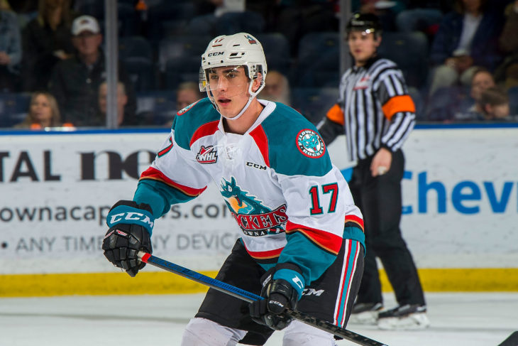KELOWNA, CANADA - FEBRUARY 15: Alex Swetlikoff #17 of the Kelowna Rockets skates against the Everett Silvertips on February 15, 2019 at Prospera Place in Kelowna, British Columbia, Canada. (Photo by Marissa Baecker/Shoot the Breeze)