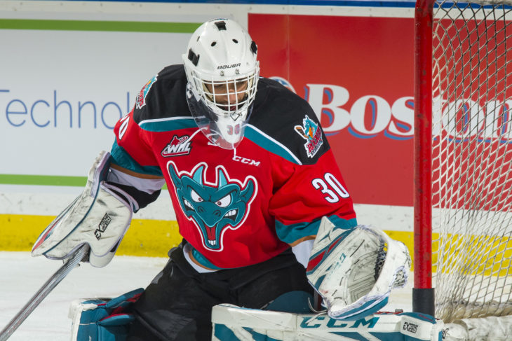 KELOWNA, CANADA - NOVEMBER 21: Roman Basran #30 of the Kelowna Rockets warms up in net against the Regina Pats on November 21, 2018 at Prospera Place in Kelowna, British Columbia, Canada. (Photo by Marissa Baecker/Shoot the Breeze)