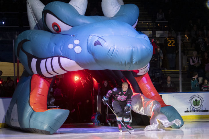 KELOWNA, BC - SEPTEMBER 21: Dallon Wilton #15 of the Kelowna Rockets enters the ice for home opener against the Spokane Chiefs at Prospera Place on September 21, 2019 in Kelowna, Canada. (Photo by Marissa Baecker/Shoot the Breeze)