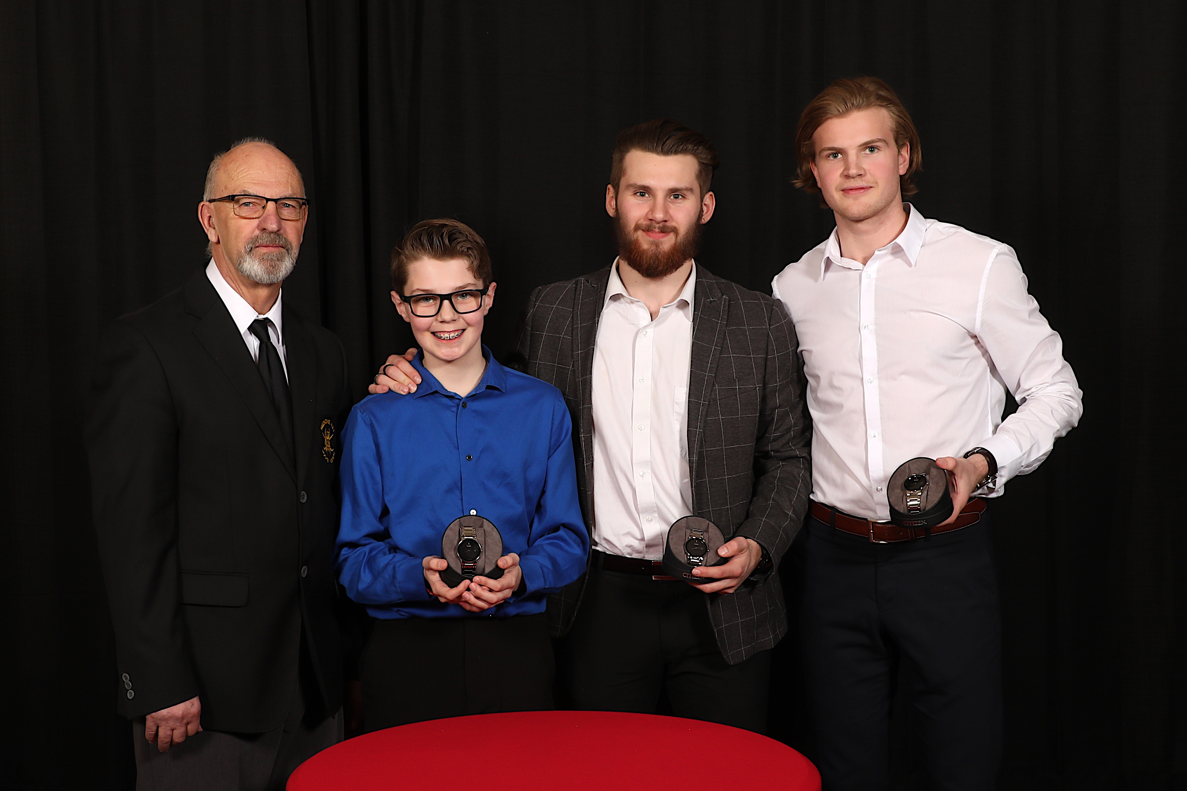 George Hamel of the Medicine Hat Hockey Hounds presented Ryan Jevne, Linus Nassen & Dylan MacPherson with watches (Landon MacPherson accepted on Dylan's behalf)