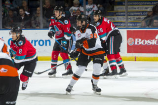 KELOWNA, BC - NOVEMBER 8: Teague Patton #39 of the Medicine Hat Tigers skates against the Kelowna Rockets for his first WHL career game at Prospera Place on November 8, 2019 in Kelowna, Canada. (Photo by Marissa Baecker/Shoot the Breeze)