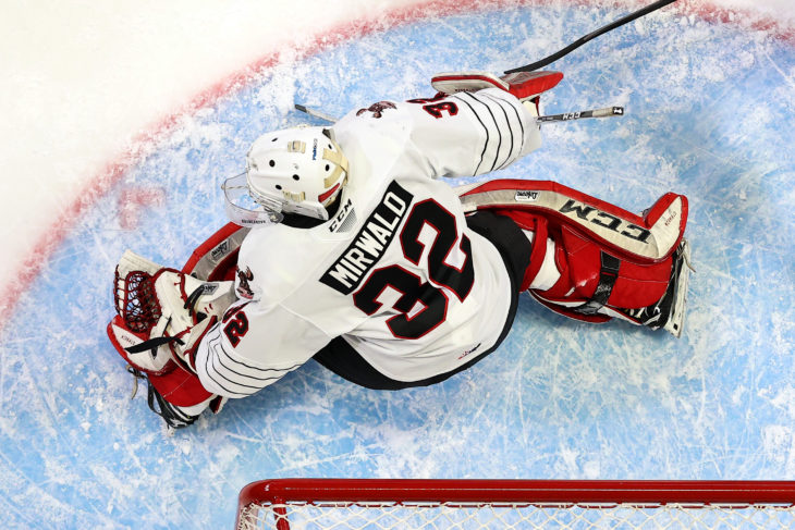Moose Jaw Warriors goalie Brett Mirwald slides across the crease during action in the Subway WHL Hub. (Keith Hershmiller Photography)