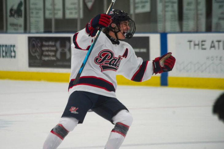 Ben Riche celebrates a goal with the Regina Pat Canadians this season. (Marc Smith/Moose Jaw Warriors)