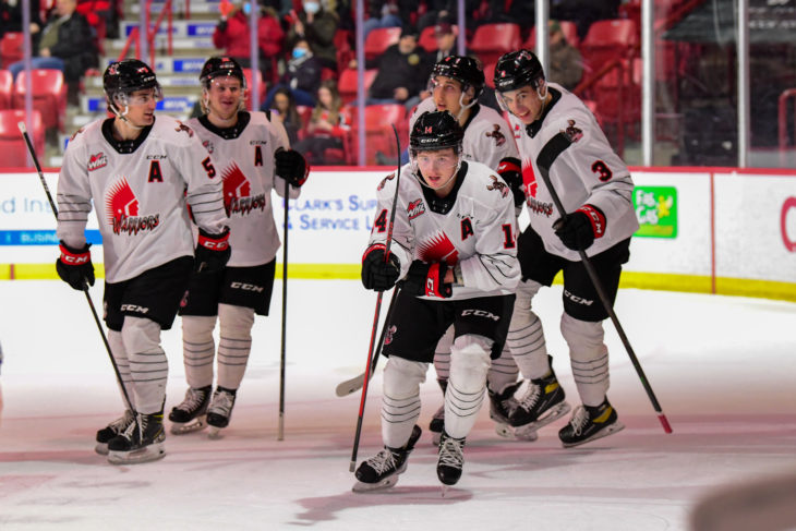 Warriors forward Calder Anderson celebrates his first goal of the season in his first game back from injury on Friday. (Photo: Nick Pettigrew/Moose Jaw Warriors)