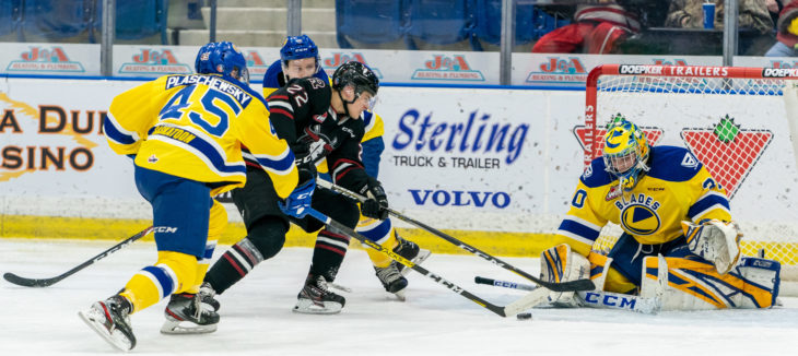 The Saskatoon Blades host the Red Deer Rebles at Sask Tel Centre in Saskatoon, Saskatchewan, Canada, January 08, 2020