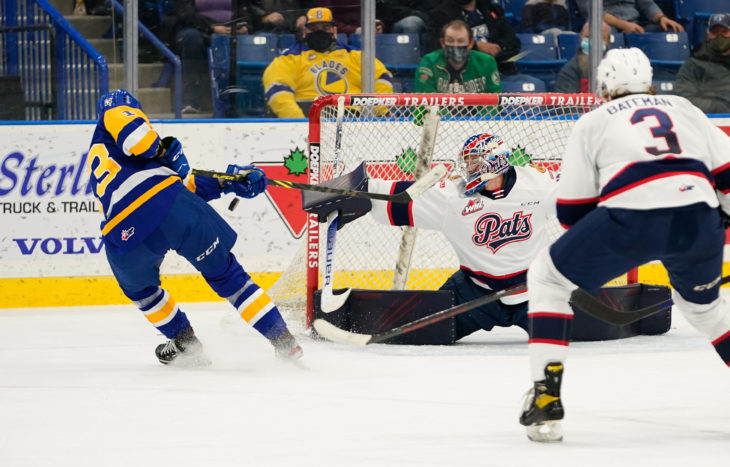 The Saskatoon Blades host the Regina Pats at Sask Tel Centre in Saskatoon, Saskatchewan, Canada, October 24, 2021