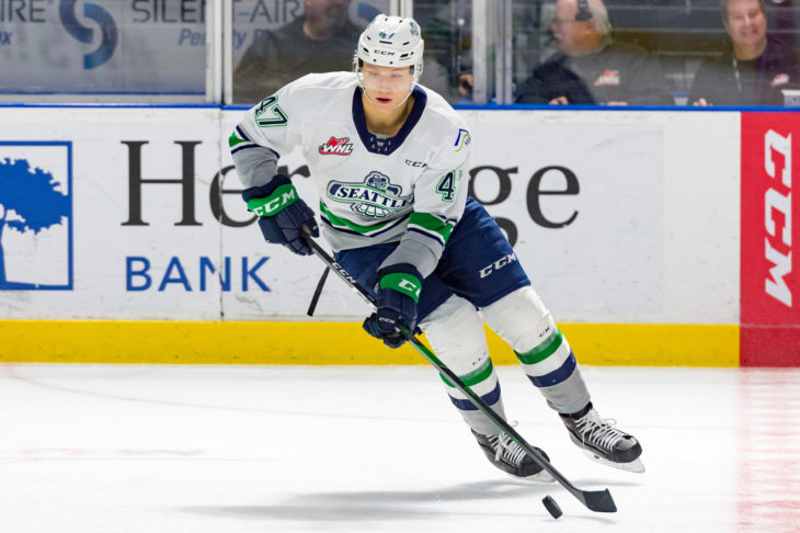 Lucas Ciona on the ice during a game at accesso ShoWare Center during the 2019-20 season.