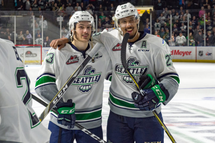 Mathew Barzal and Keegan Kolesar after Game 5, the last game they would play at accesso ShoWare Center.