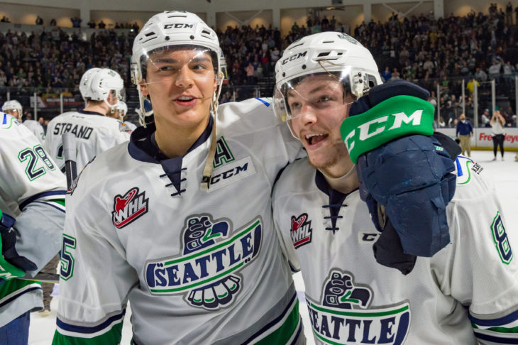 Ethan Bear and Scott Eansor after Game 5, the last game they would play at accesso ShoWare Center.