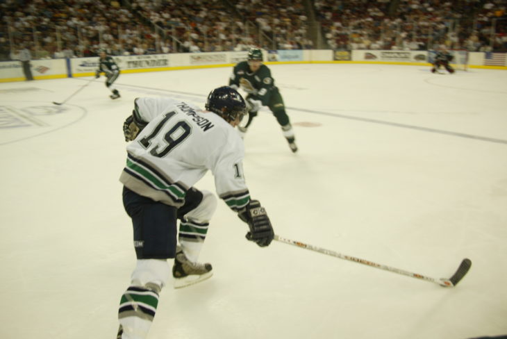 Nate Thompson skates up ice at KeyArena.