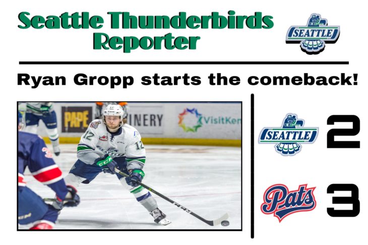 This Ryan Gropp goal graphic by RJ Rico, a sophomore at Kentwood High School, was used on the T-Birds social media platforms during the YouTube broadcast of Game 6 of the 2017 WHL Championship.