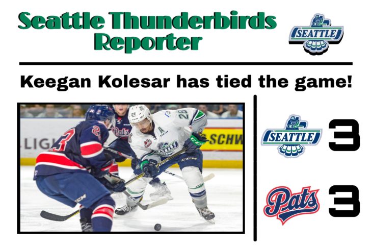 This Keegan Kolesar goal graphic by RJ Rico, a sophomore at Kentwood High School, was used on the T-Birds social media platforms during the YouTube broadcast of Game 6 of the 2017 WHL Championship.