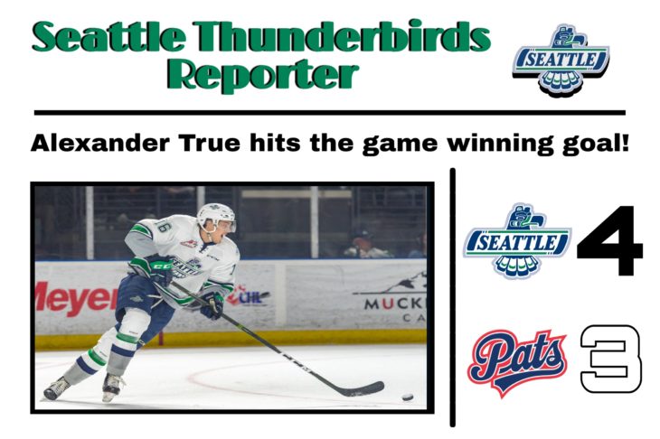 This Alexander True goal graphic by RJ Rico, a sophomore at Kentwood High School, was used on the T-Birds social media platforms during the YouTube broadcast of Game 6 of the 2017 WHL Championship.