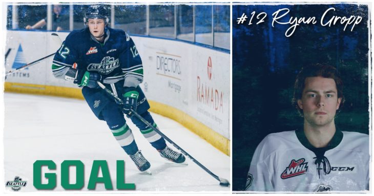 This Ryan Gropp goal graphic by Jade Gilson, a junior at Kentlake High School, was used on the T-Birds social media platforms during the YouTube broadcast of Game 6 of the 2017 WHL Championship.
