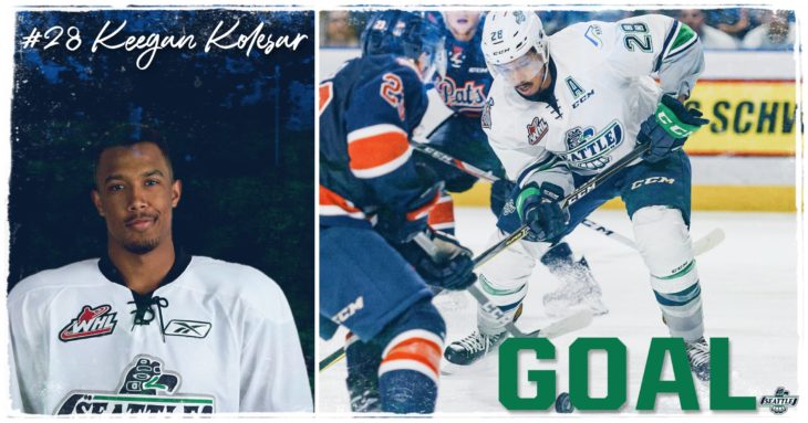 This Keegan Kolesar goal graphic by Jade Gilson, a junior at Kentlake High School, was used on the T-Birds social media platforms during the YouTube broadcast of Game 6 of the 2017 WHL Championship.