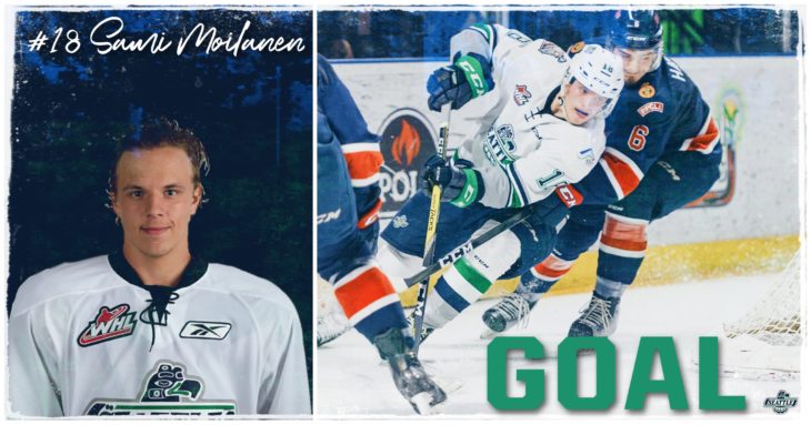 This Sami Moilanen goal graphic by Jade Gilson, a junior at Kentlake High School, was used on the T-Birds social media platforms during the YouTube broadcast of Game 6 of the 2017 WHL Championship.