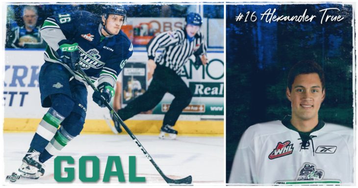 This Alexander True goal graphic by Jade Gilson, a junior at Kentlake High School, was used on the T-Birds social media platforms during the YouTube broadcast of Game 6 of the 2017 WHL Championship.