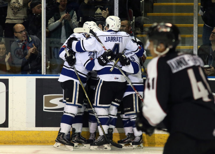 The Victoria Royals celebrate a goal in Game Seven of the first round in the 2018 WHL Playoffs. Photo: Jonathon Howe.