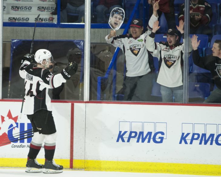 Bowen Byram celebrating a goal with Vancouver Giants fans on March 22, 2019.