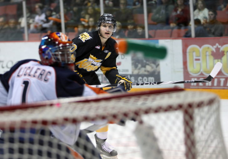 Brandon Wheat Kings Brayden Schenn watches his shot as the puck flies top-shelf into the net knocking Kamloops Blazers goalie Justin Leclerc's water bottle into the air during second period WHL action at Westman Place in Brandon on Saturday, October 17, 2009. THE CANADIAN PRESS/Brandon Sun-Tim Smith