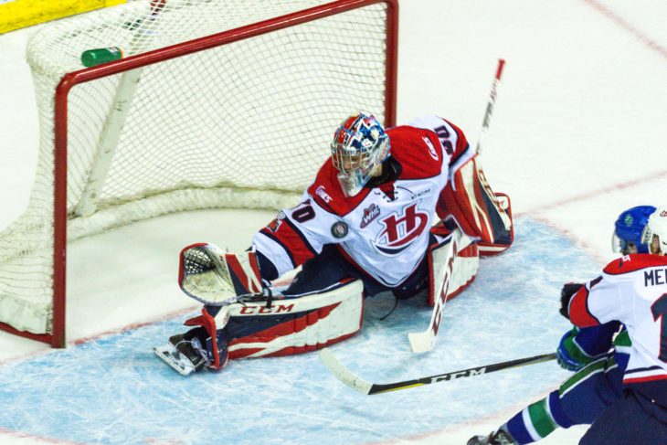 Logan Flodell making a big save in the 2017-18 season with the Lethbridge Hurricanes.