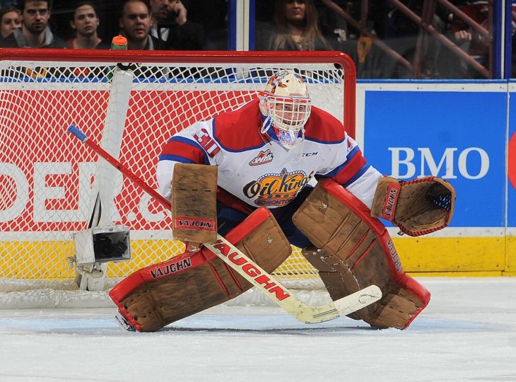 Jarry in net for the Edmonton Oil Kings in the 2014-15 season.