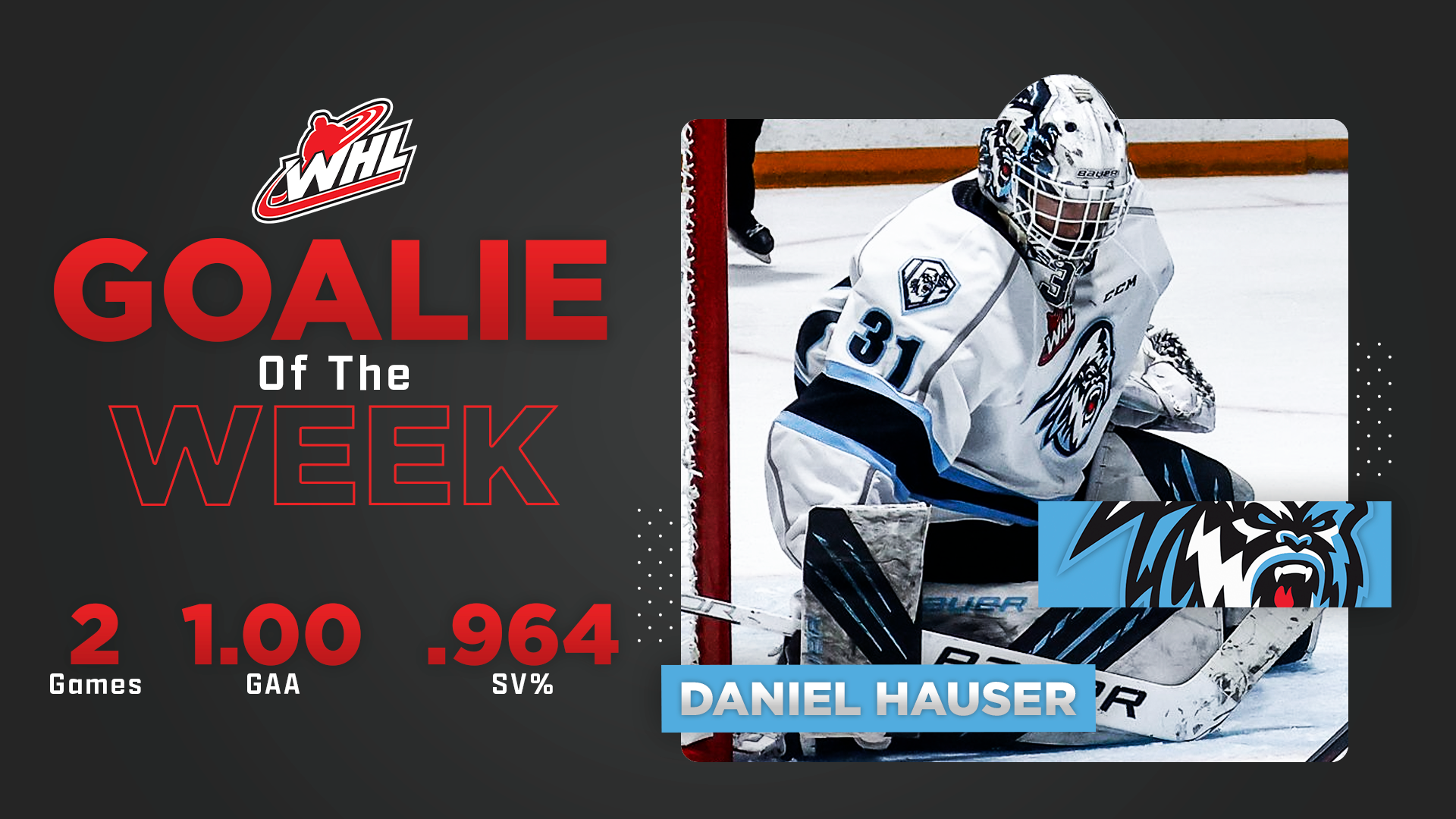 ICE netminder Hauser named WHL Goaltender of the Week Western Hockey