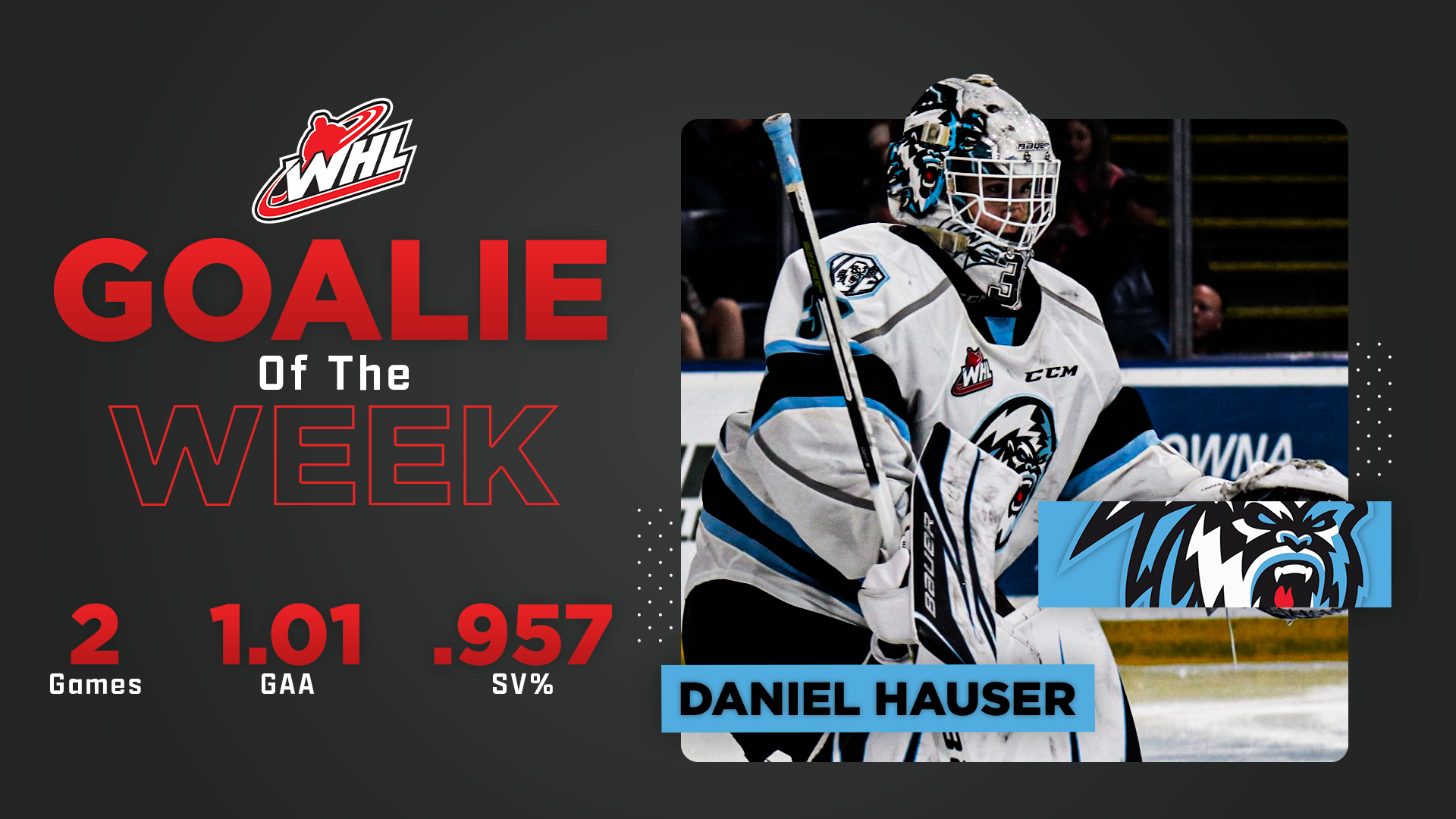 ICE netminder Hauser named WHL Goaltender of the Week Western Hockey