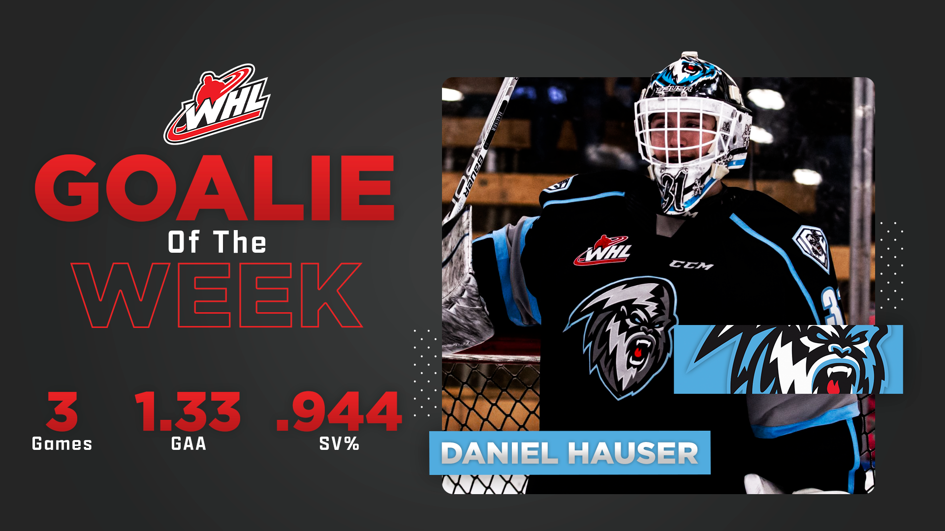 ICE netminder Hauser named WHL Goaltender of the Week Western Hockey