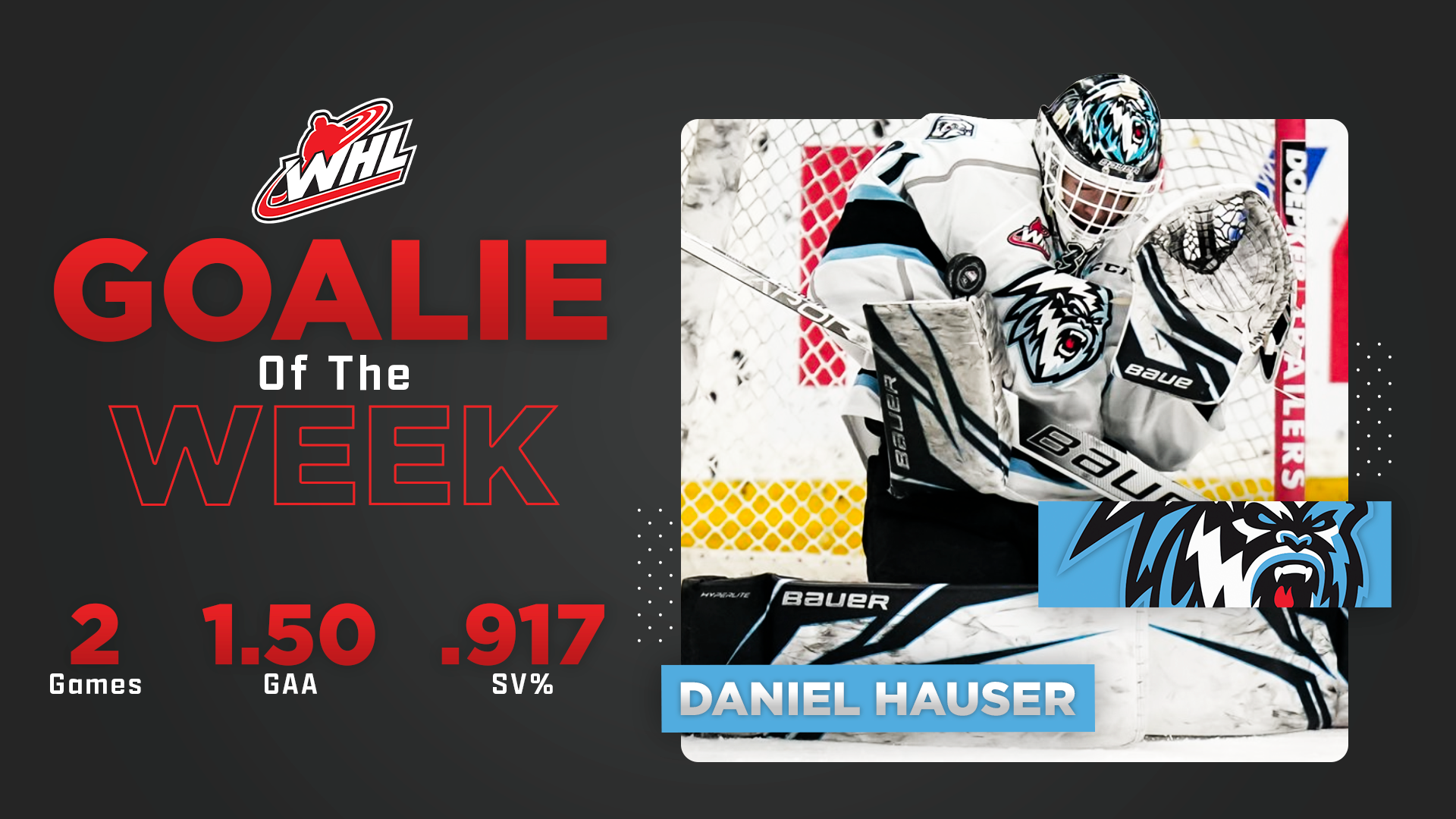 ICE netminder Hauser named WHL Goaltender of the Week Western Hockey